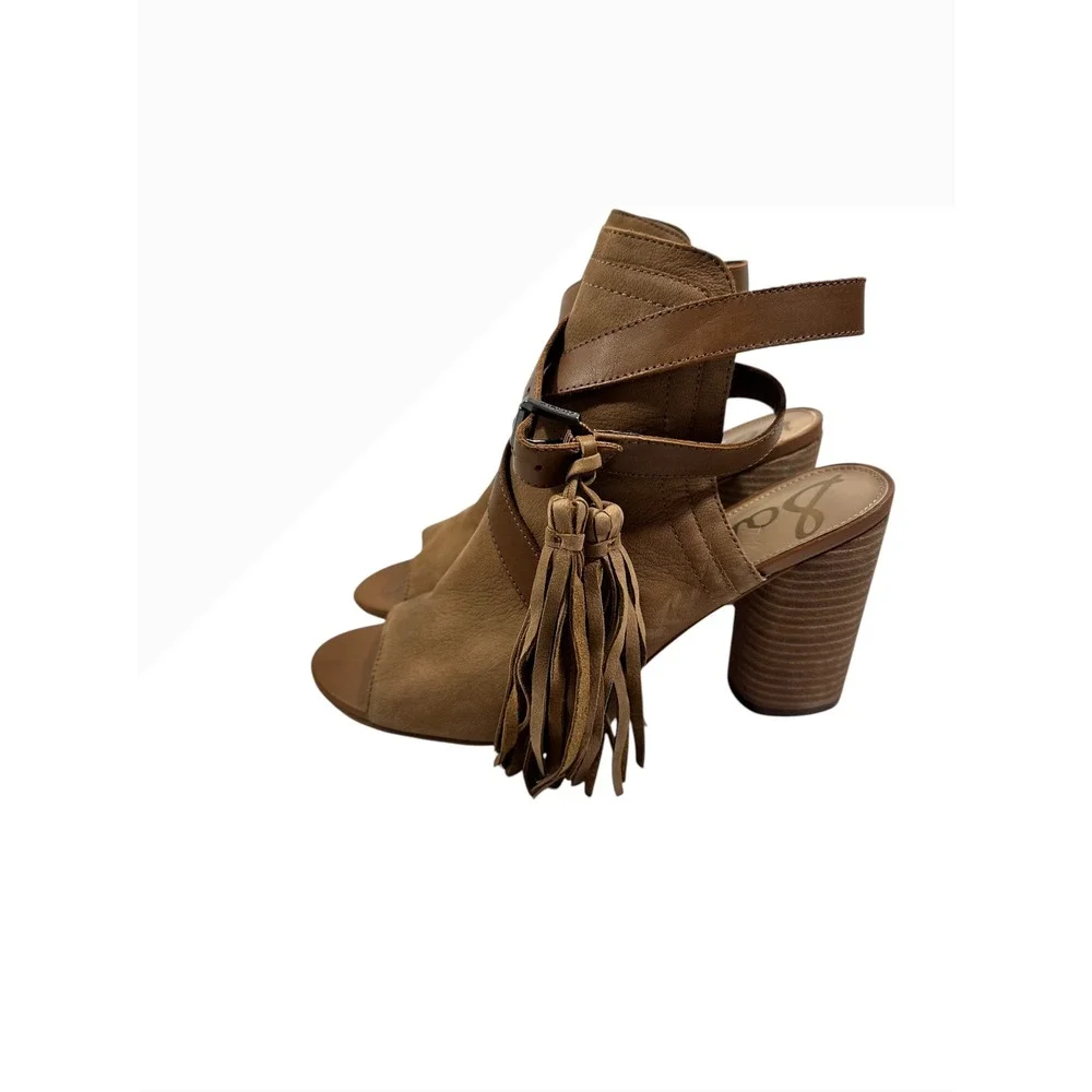 Sam Edelman Vermont Tan Leather Fringe Tassel Block Heel Sandals Womens 9.5